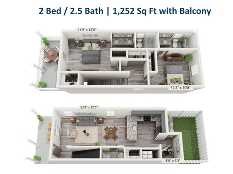 Floor plan for 2 beds, 2.5 baths, 1252 sqft